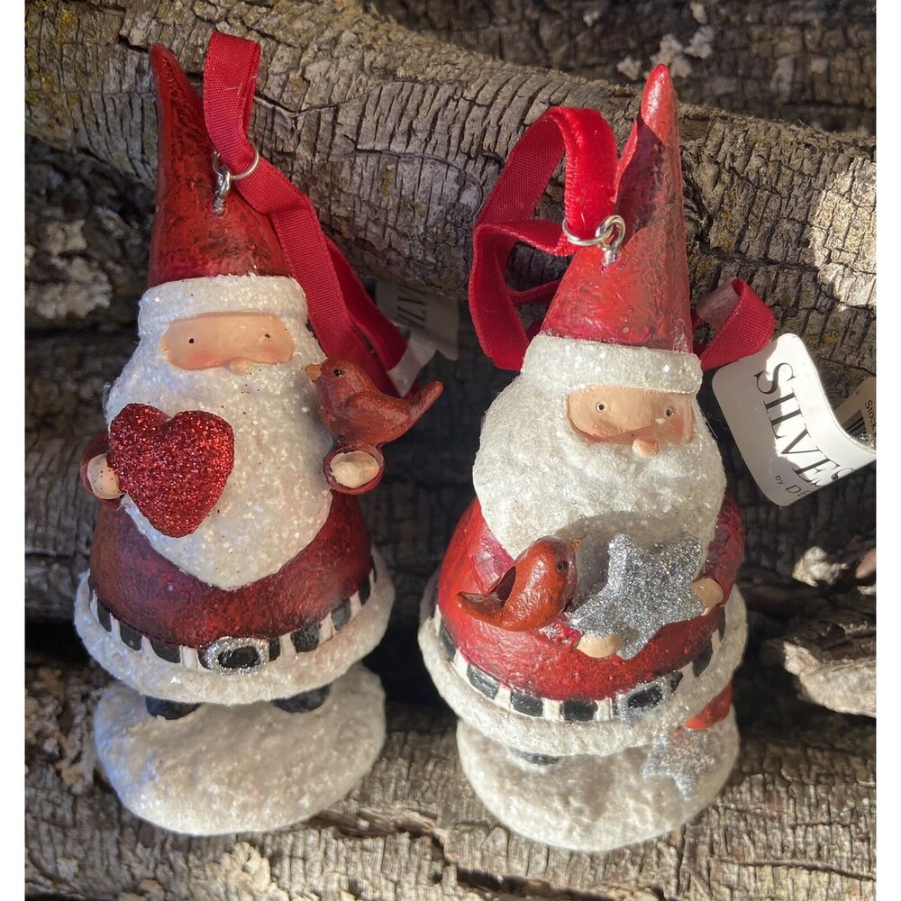 Demdaco Ornament Set  Red and White Santa's 2pc  Cardinal and Star